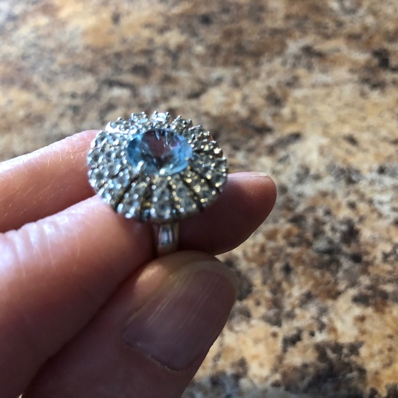 STERLING SILVER SKY BLUE TOPAZ STARBURST RING. - Picture 3 of 9